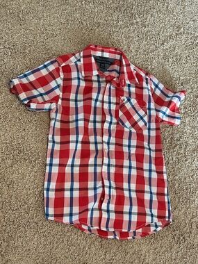 Tommy Hilfiger Red, Blue & White Plaid Short-Sleeve Button-Down Shirt
